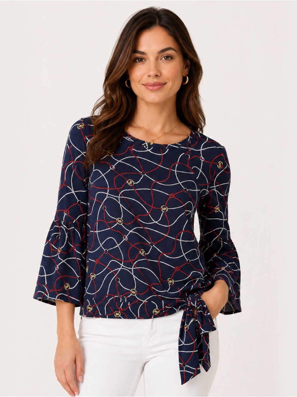 Michael Kors Navy Rope Print Bell Sleeve Tie Waist Blouse Top Size Medium